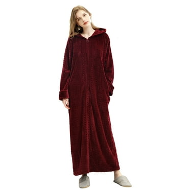 LOFIR Womens Hooded Plush Robe, Zip up Front Soft Fleece Robes for Women (L/XL, Wine Red)