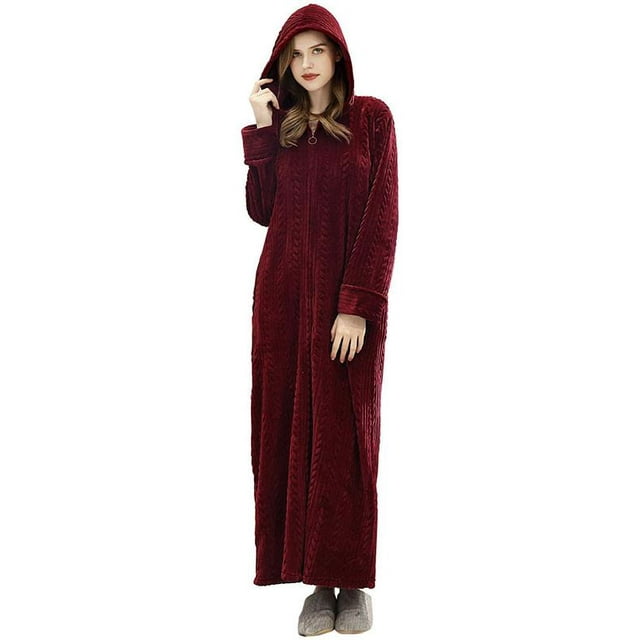 LOFIR Womens Hooded Plush Robe, Zip up Front Soft Fleece Robes for Women (L/XL, Wine Red)