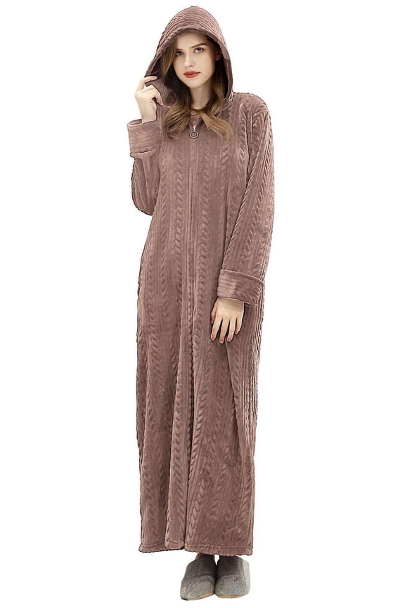Womens Long Hooded Robe, Zip up Front Fleece Soft Plush Robes for Women (L/XL, Coffee)