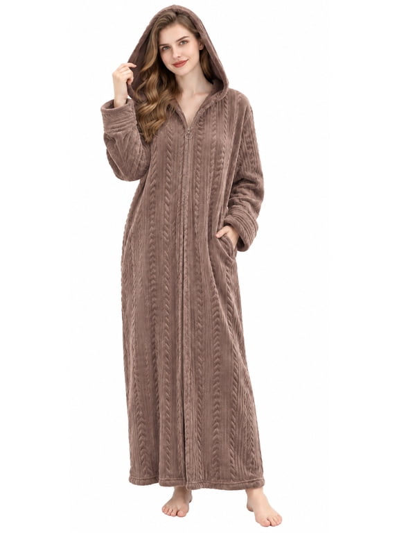 Womens Long Hooded Robe, Zip up Front Fleece Soft Plush Robes for Women (L/XL, Coffee)