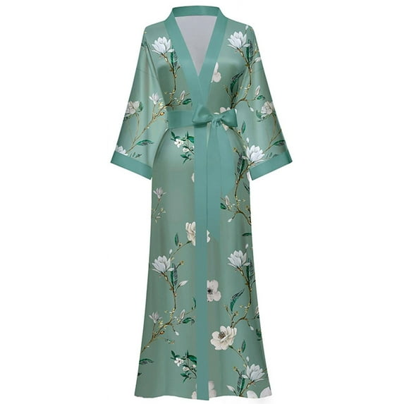 LOFIR Womens Long Silk Kimono Robes, Satin Silky Bathrobe Robe Soft Floral Bridesmaid Robes for Women, Ladies Sleepwear