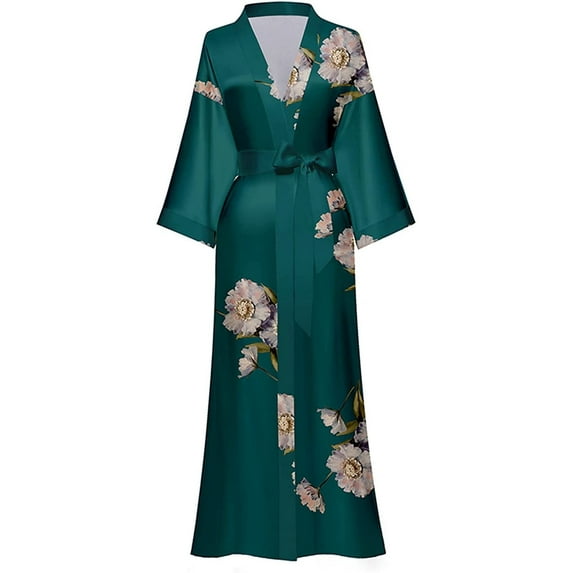 LOFIR Womens Long Silk Kimono Robes, Satin Silky Bathrobe Robe Soft Floral Bridesmaid Robes for Women, Ladies Sleepwear