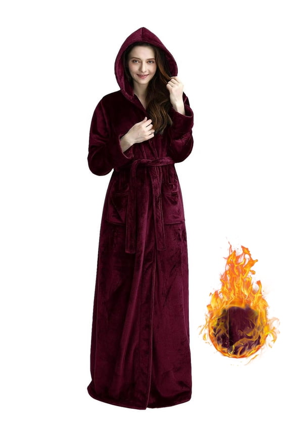 Womens Plush Soft Hooded Robe, Luxury Fluffy Robe Long Fleece Spa Bathrobe for Women (L, Wine Red)
