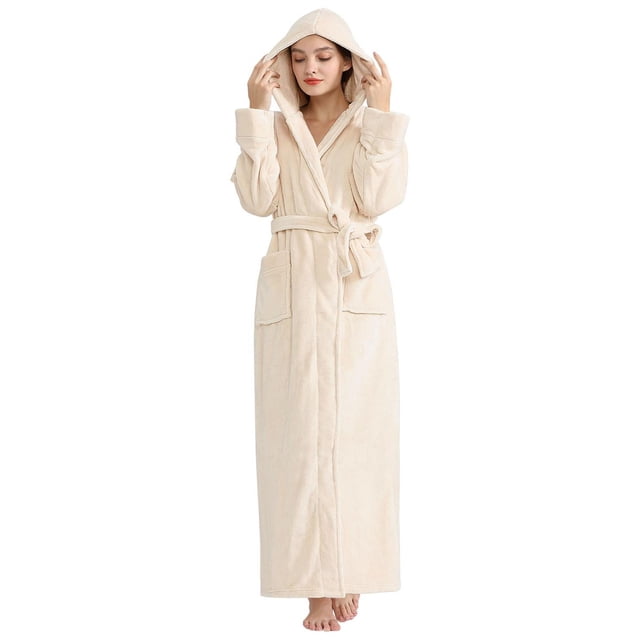 LOFIR Women's Plush Soft Hooded Full Length Bathrobe, Luxury Fleece Spa ...