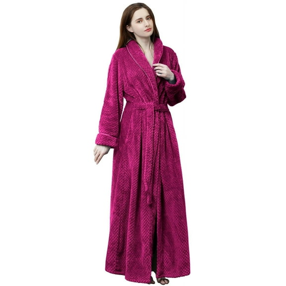 LOFIR Womens Robe, Long Fleece Bathrobe Warm Super Soft  Slim Elastic Plush Robe with Waist Pockets for Women - L/XL, Rose Red