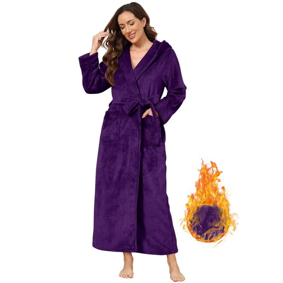 LOFIR Womens Soft Hooded Plush Robe, Luxury Fluffy Robe Long Fleece Spa Bathrobe for Women (L, Purple)