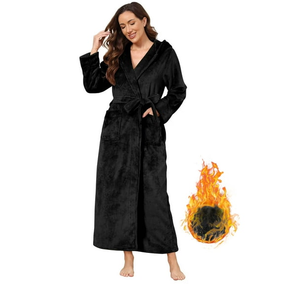 LOFIR Womens Soft Hooded Plush Robe, Luxury Fluffy Robe Long Fleece Spa Bathrobe for Women (M, Black)