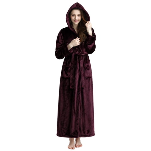 Womens Soft Hooded Plush Robe, Luxury Fluffy Robe Long Fleece Spa Bathrobe for Women (M, Wine Red)