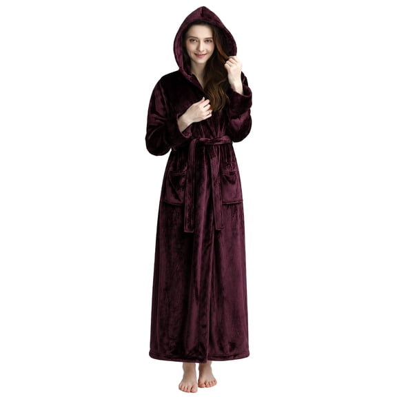 LOFIR Womens Soft Hooded Plush Robe, Luxury Fluffy Robe Long Fleece Spa Bathrobe for Women (M, Wine Red)