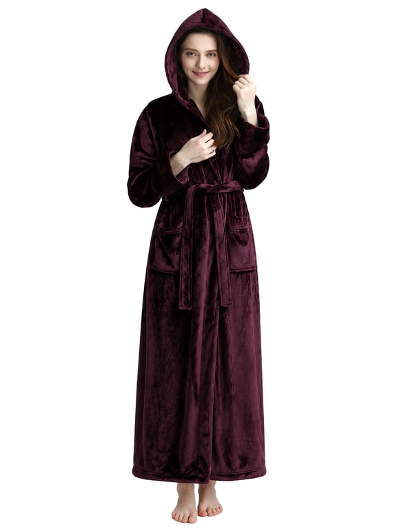 Womens Soft Hooded Plush Robe, Luxury Fluffy Robe Long Fleece Spa Bathrobe for Women (M, Wine Red)