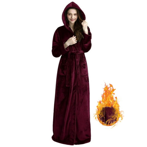 LOFIR Womens Soft Hooded Plush Robe, Luxury Fluffy Robe Long Fleece Spa Bathrobe for Women (M, Wine Red)