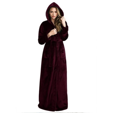 LOFIR Womens Soft Hooded Plush Robe, Luxury Fluffy Robe Long Fleece Spa Bathrobe for Women (M, Wine Red)