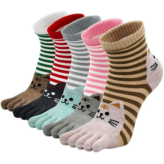 LOFIR Womens Toe Socks 5 Finger Cotton Comfy Novelty Cute Cat Animal Athletic Ankle Crew Sock for Ladies, 5 Pairs