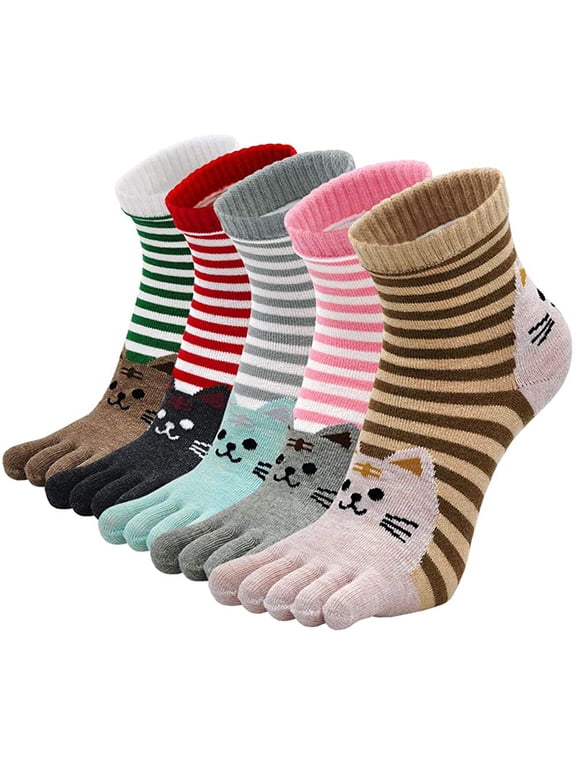 Womens Toe Socks 5 Finger Cotton Comfy Novelty Cute Cat Animal Athletic Ankle Crew Sock for Ladies, 5 Pairs