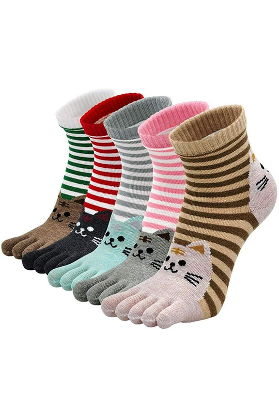 Womens Toe Socks 5 Finger Cotton Comfy Novelty Cute Cat Animal Athletic Ankle Crew Sock for Ladies, 5 Pairs
