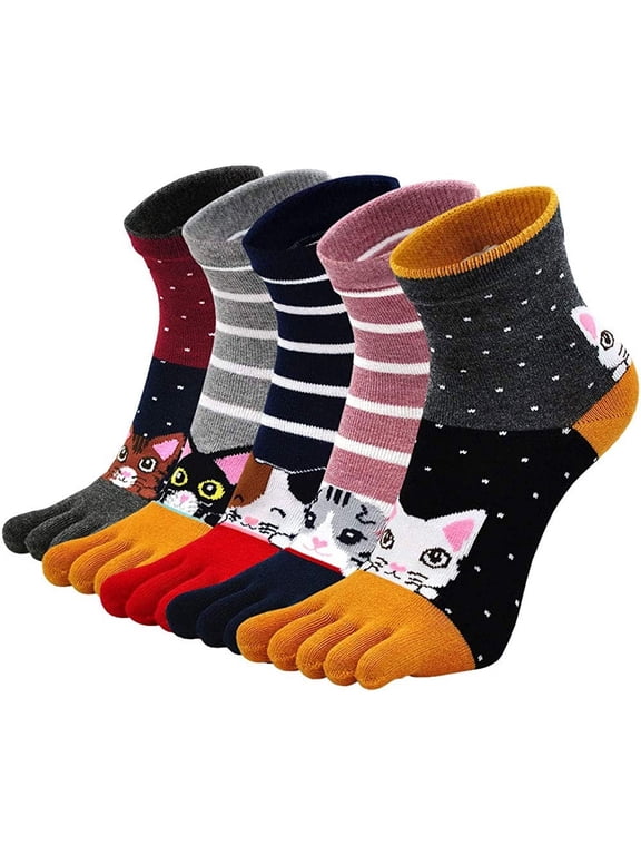 Womens Toe Socks Comfy Cotton Novelty Cute Cat Animal Pattern Casual Ankle Finger Socks for Running Athletic, 5 Pairs