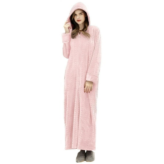 LOFIR Womens Zip Up Fleece Robe with Hooded Warm Plush Luxury Long Bathrobe for Ladies (L/XL, Pink)