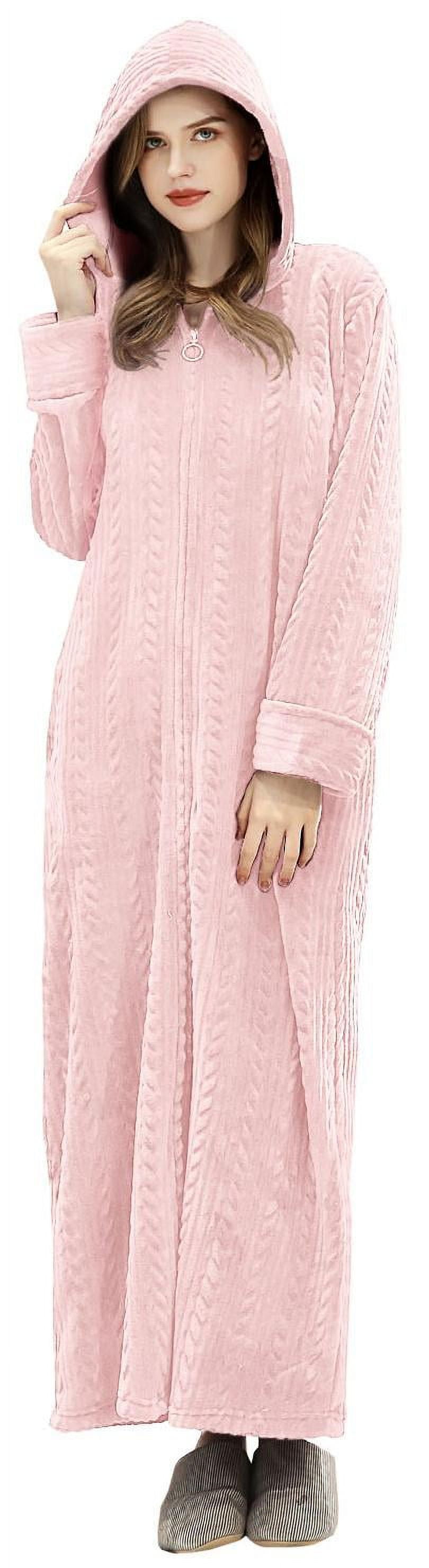 LOFIR Full-Length Zippered Women's Fleece Robe with Hood, Warm Plush ...