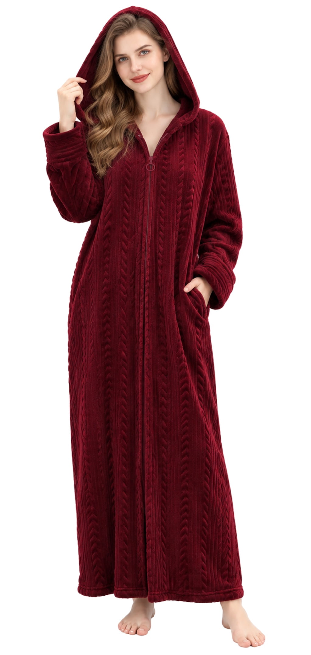 LOFIR, Womens Zip Up Plush Hooded Robe, S M, Wine Red - Walmart.com