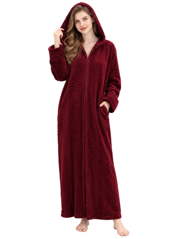 Womens Zip Up Plush Hooded Robe - Warm Fleece Luxury Long Bathrobe for Women (S/M, Wine Red)