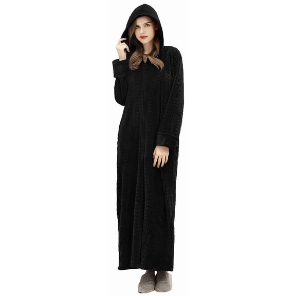 LOFIR Womens Zipper Front Robe, Long Plush Hooded Fleece Soft Bathrobes for Women Housecoat Sleepwear Pajamas (L/XL, Black)
