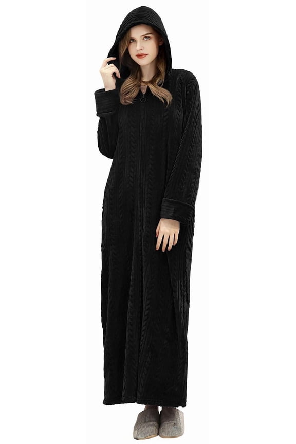 Womens Zipper Front Robe, Long Plush Hooded Fleece Soft Bathrobes for Women Housecoat Sleepwear Pajamas (L/XL, Black)