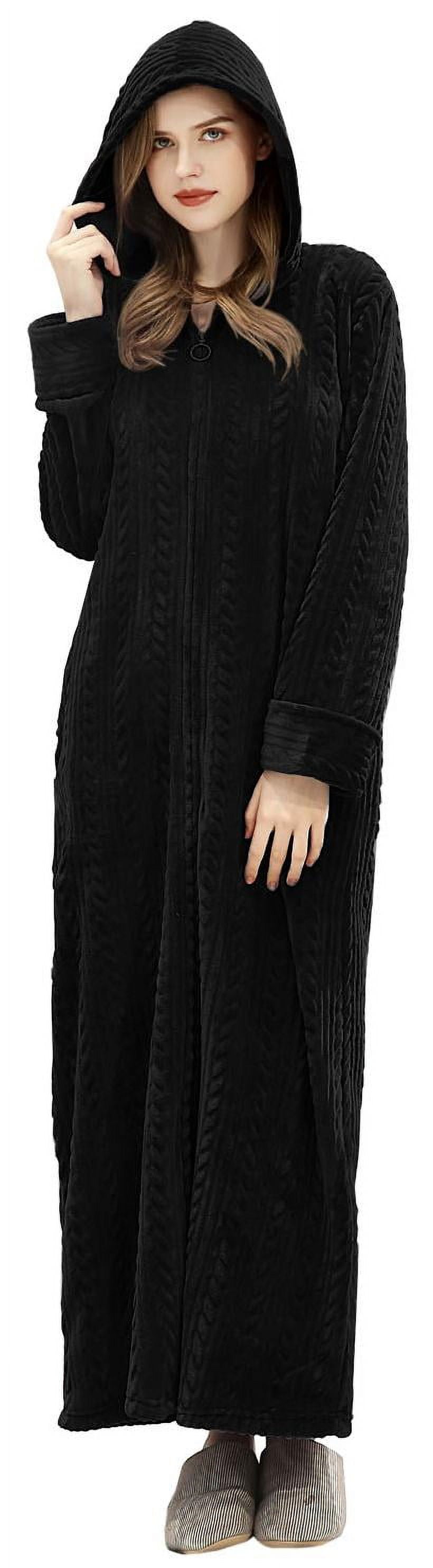 LOFIR Womens Zipper Front Robe, Long Plush Hooded Fleece Soft Bathrobes