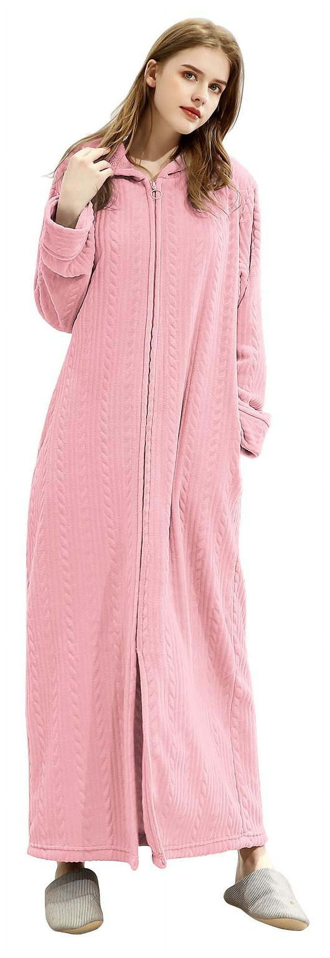 LOFIR Womens Zipper Front Robe, Long Plush Hooded Fleece Soft Bathrobes