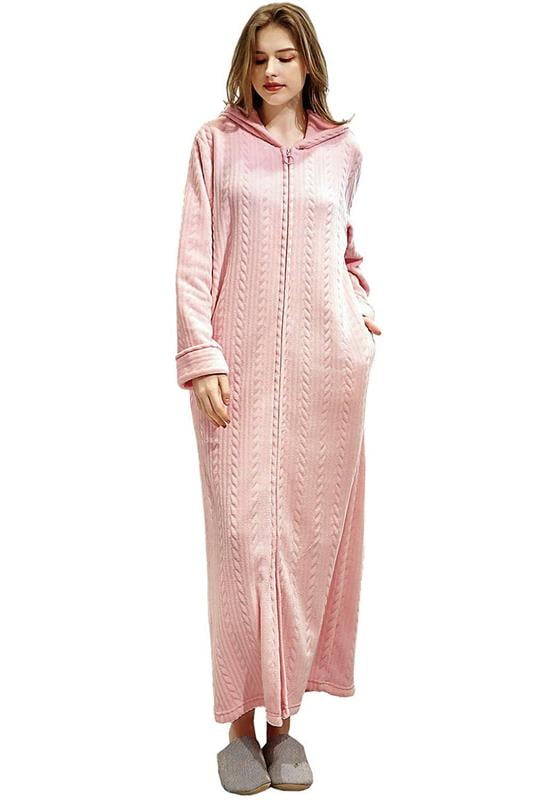 LOFIR Womens Zipper Front Robe, Long Plush Hooded Fleece Soft Bathrobes