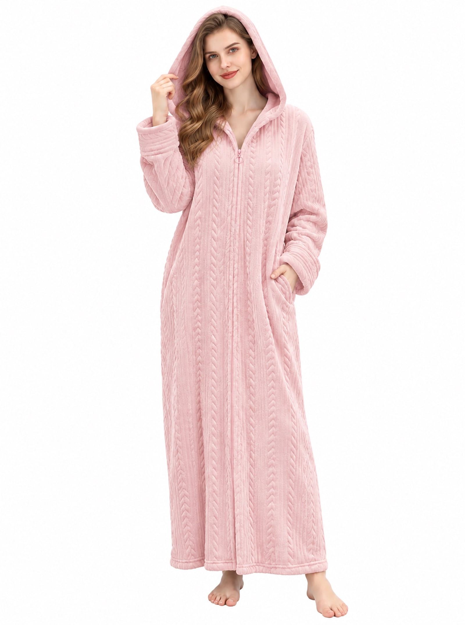 LOFIR Womens Zipper Front Robe, Long Plush Hooded Fleece Soft Bathrobes for Women Housecoat Sleepwear Pajamas (S/M, Pink)