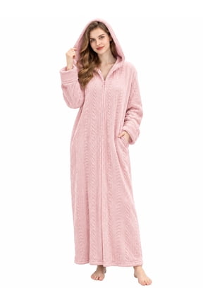 Womens Zipper Front Robe, Long Plush Hooded Fleece Soft Bathrobes for Women Housecoat Sleepwear Pajamas (S/M, Pink)