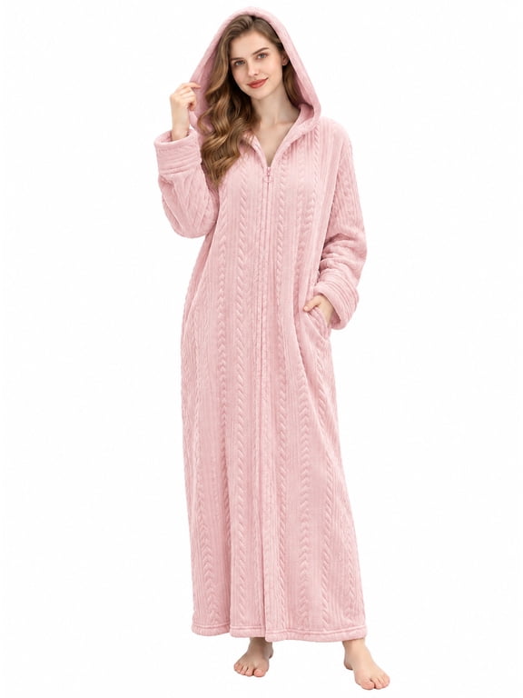 Womens Zipper Front Robe, Long Plush Hooded Fleece Soft Bathrobes for Women Housecoat Sleepwear Pajamas (S/M, Pink)