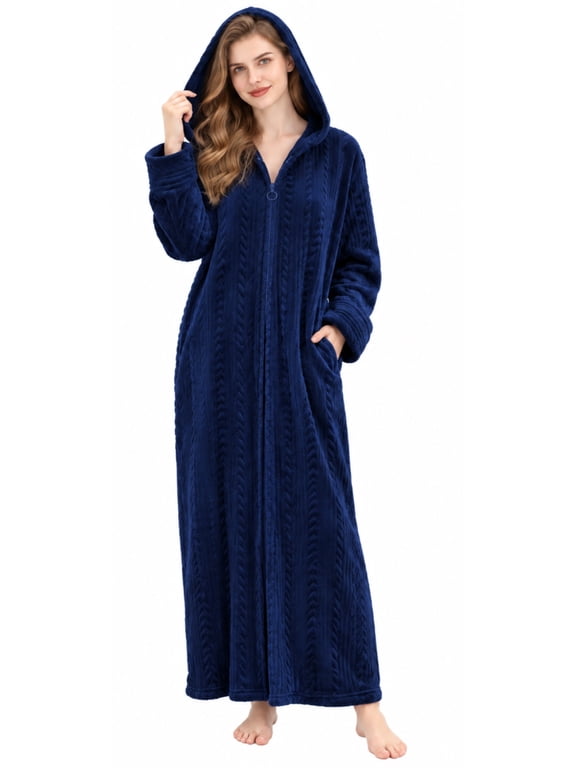 Womens Zipper Front Robe, Long Plush Hooded Fleece Soft Bathrobes for Women Housecoat Sleepwear Pajamas(2XL3XL,Navy Blue)