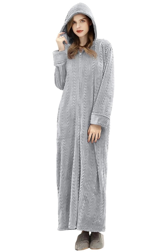 Womens Zipper Front Robe, Long Plush Hooded Fleece Soft Bathrobes for Women Housecoat Sleepwear Pajamas(2XL3XL,Gray)