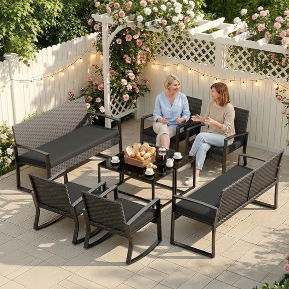 LOFKA 8-Piece Outdoor Patio Furniture Set, Wicker Rocking Chairs with Glass Table