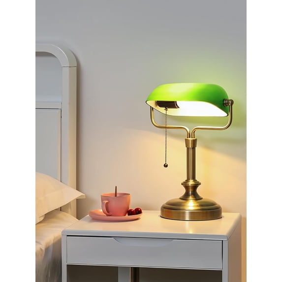 LOFOB Traditional Banker's Desk Lamp with Glass Shade, Pull Chain Switch, LED Bulb Included (Antique Bronze+Green)