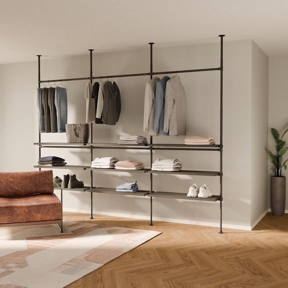 pamo Industrial Pipe Clothing Rack with Shelf - 550 lbs Capacity - Clamping Clothes Rack and Walk In Closet with Metal Shelf for Wardrobe