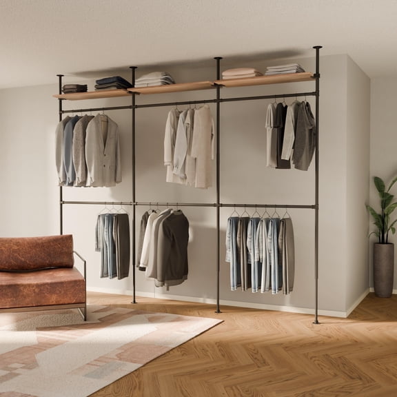 pamo Industrial Pipe Clothing Rack with Shelf - 550 lbs Capacity - Clamping Clothes Rack and Walk In Closet with Wooden Shelf for Wardrobe
