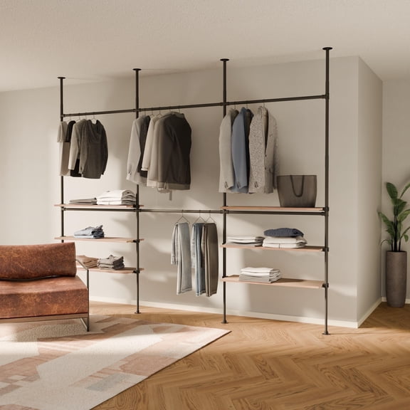 pamo Industrial Pipe Clothing Rack with Shelf - 550 lbs Capacity - Clamping Clothes Rack and Walk In Closet with Wooden Shelf for Wardrobe