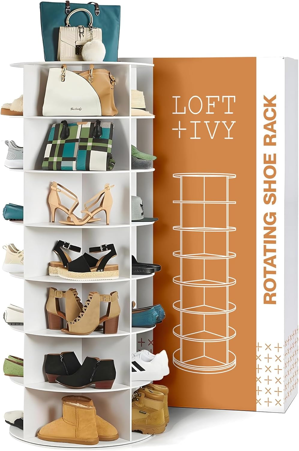 LOFT + IVY 7 Tier Rotating Shoe Rack Tower – 360° Spinning Storage ...