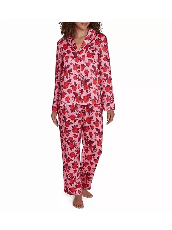 Women's Satin Notch Collar Pajama Set Rose Blush Large