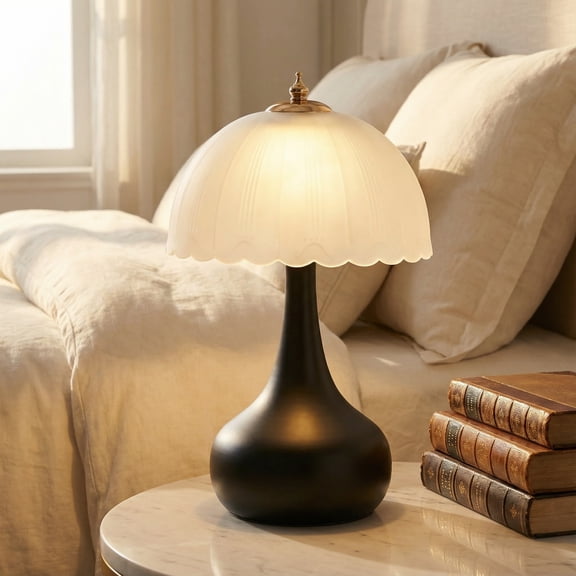 LOFTER-PRO Bedside Table Lamp, 3-Way Color Changing & Stepless Brightness, Vintage Industrial Table Lamps for Bedroom, Office Desk Lamp with White Petal Shade for Reading, Living Room, Nightstand