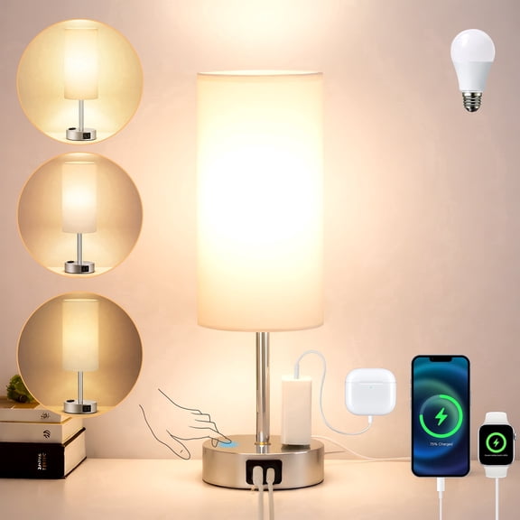 LOFTER-PRO Bedside Table Lamp, 3-Way Touch Control & Stepless Dimming Nightstand Lamp with USB Port and AC Outlet, Small Adjustable Desk Lamp for Bedroom, Living Room, or Office