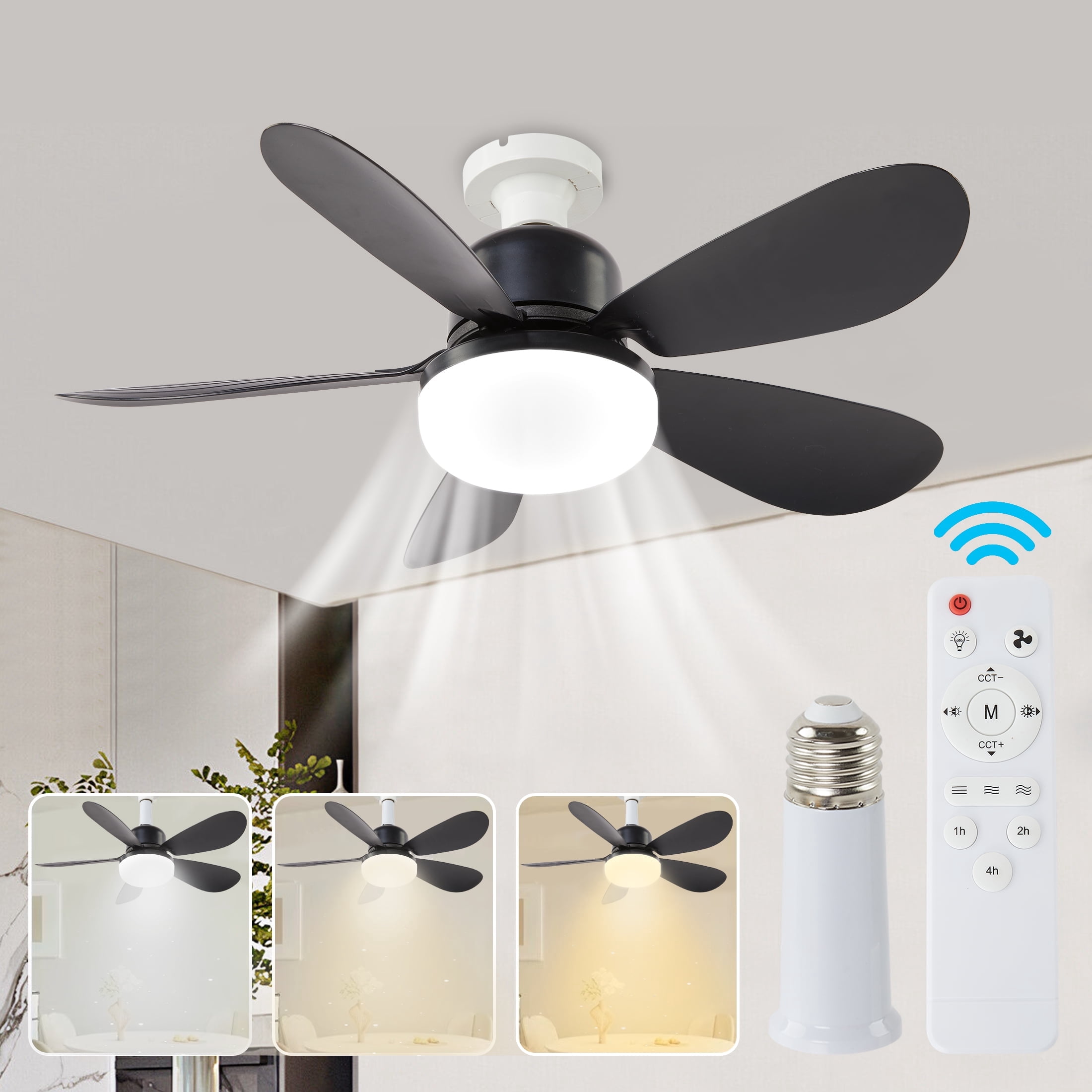 LOFTER-Pro Socket Fans with Lights,20.5 inch Low Profile Ceiling Fan and Remote Control Modern Flush Mount Black Ceiling Fans,Dimmable 3 Colors,3 Speeds,5 Blades for Small Bedroom,Small Kitchen