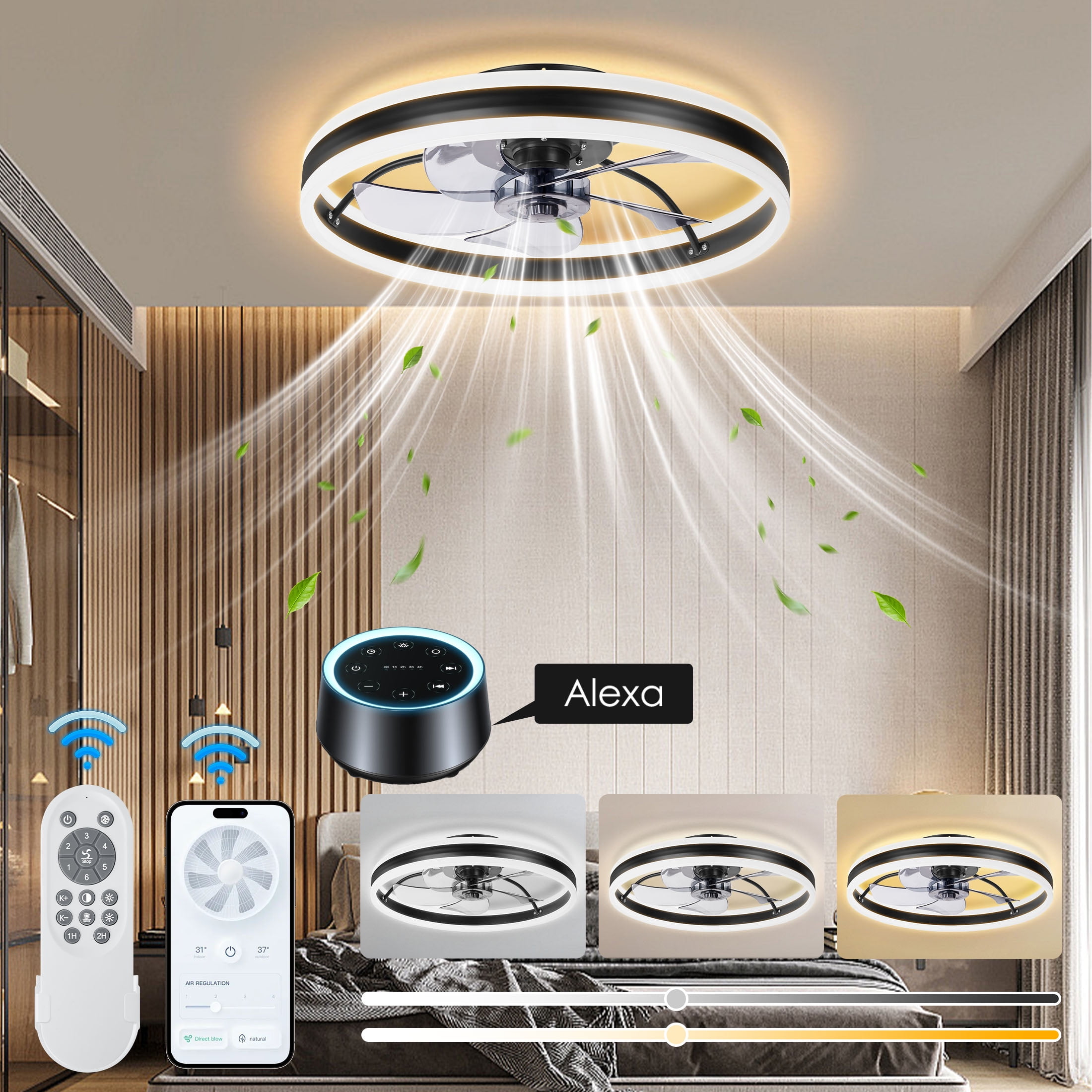 LOFTER-Pro Ceiling Fans with Lights and Remote, 19.7 in Low Profile Flush Mount Ceiling Fan, 3000-6000K Dimmable LED Fan Light, 6 Wind Speeds for Bedroom, Kitchen, Kids Room, Black