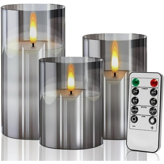 LOFTER-Pro Grey Flickering Flameless Candles, Battery Operated LED Pillar Candles with Remote and Timer, Candles Warm Color Wick for Festival Wedding Bar Cafe Home Party Decor(Set of 3)