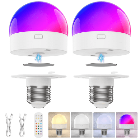 LOFTER-Pro Rechargeable Battery Operated Light Bulb with Remote & Timer, Dimmable Backup Magnetic LED Bulb with 15 Colors, Wireless Puck Light Bulb for Wall Sconce Lamps, Non-Hardwired, 2-Pack