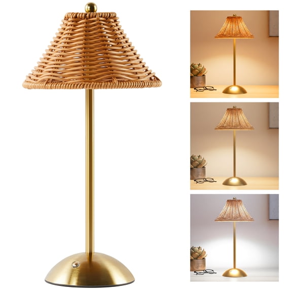 LOFTER-Pro Table Lamps for Bedroom, Home Cordless Indoor Faux Boho Rattan and Gold Colored Desk Lamps with Touch Switch / Dimmer for Nightstand, Battery Operated Bedside Lamps for Living Room