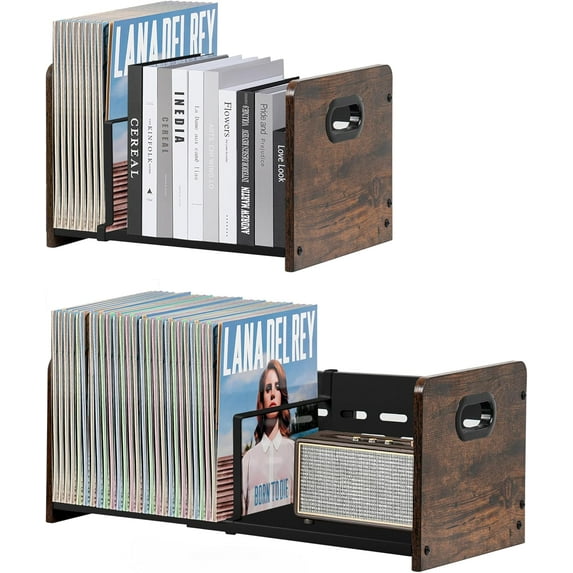 Vinyl Record Storage Holder, Expandable Record Storage Rack with Adjustable Divider, 60-120 LP Album Storage for Vinyl Records, Magazine Holder, Rustic Brown