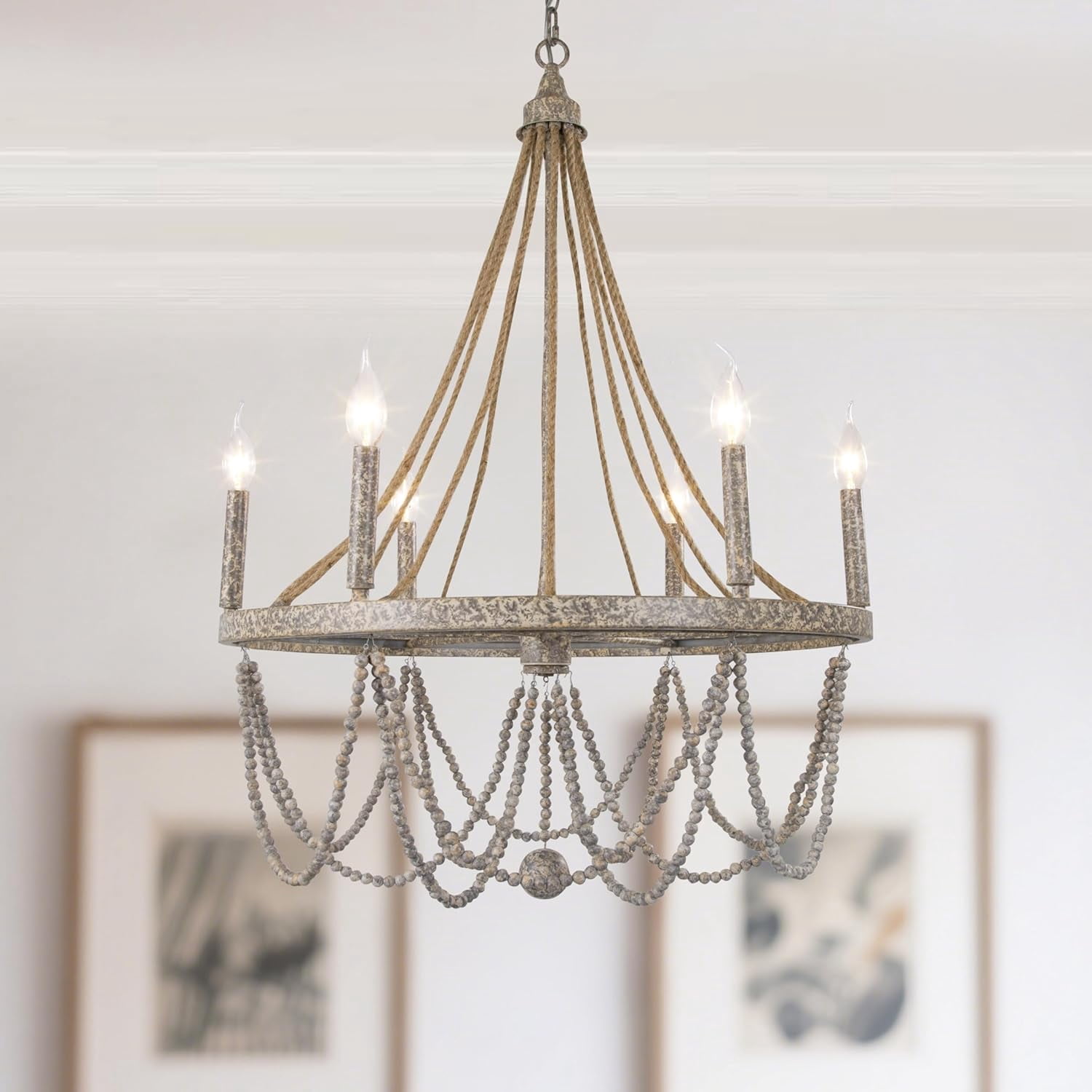 Lighting With Ropes LOG BARN Wood Bead Chandelier, Farmhouse Dining Room Lighting with Hemp ...